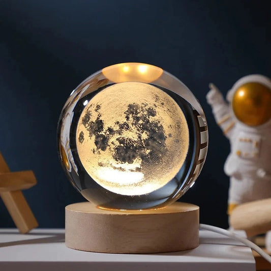 3D Galaxy Crystal Ball Night Light – Astronaut, Moon & Planet Glow Lamp