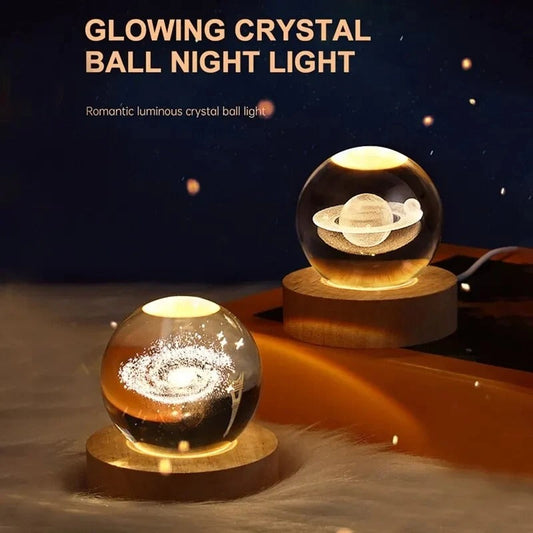 3D Galaxy Crystal Ball Night Light – Astronaut, Moon & Planet Glow Lamp